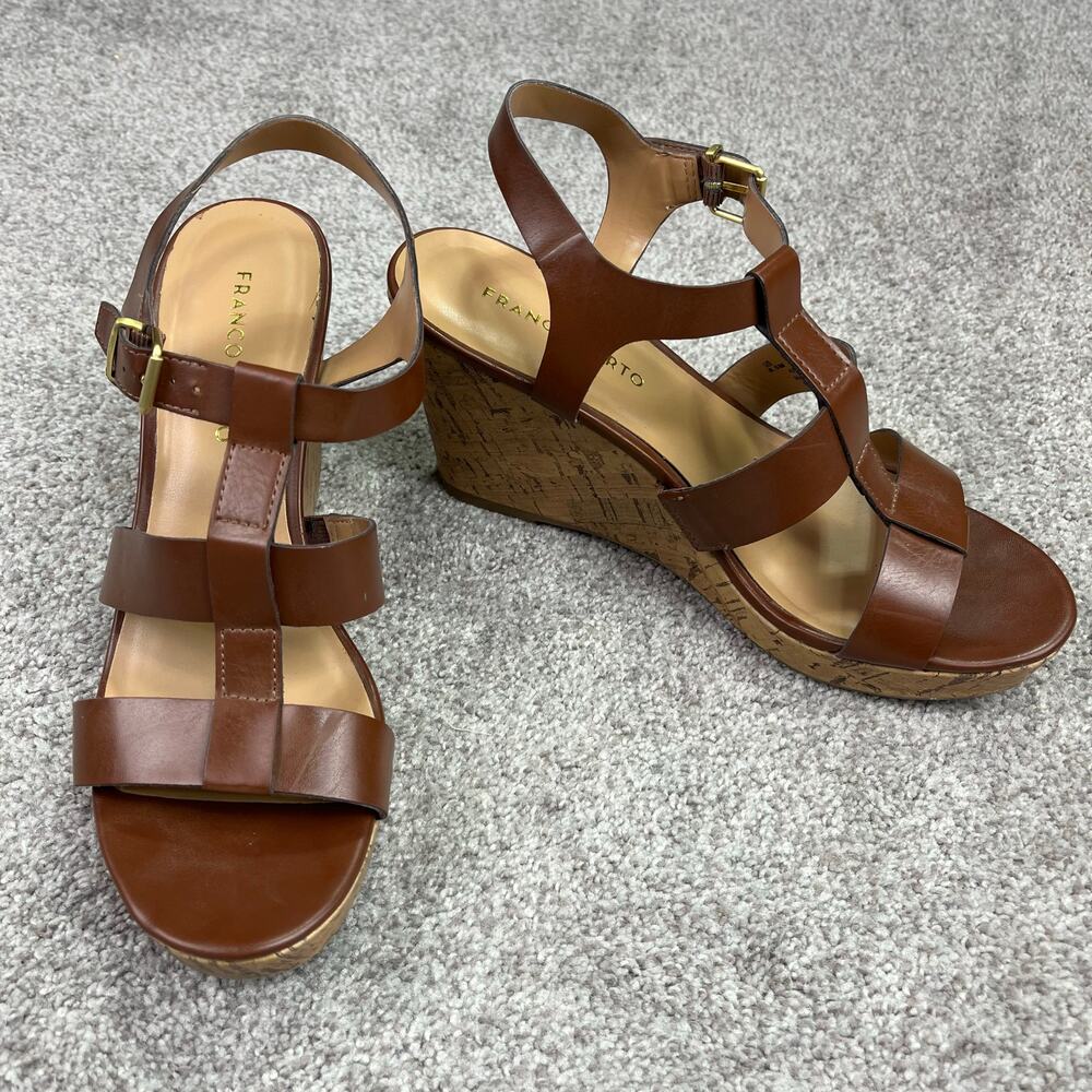 Franco Sarto Brown Leather Cork Wedge Sandals